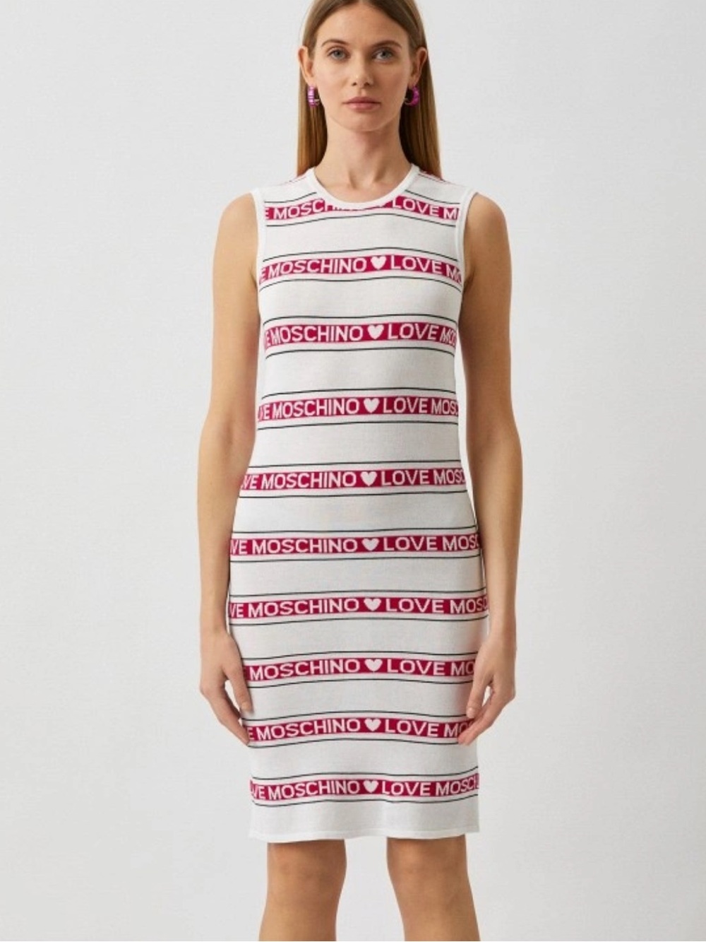 Love Moschino White and Pink Logo Stripe Knit Midi Dress